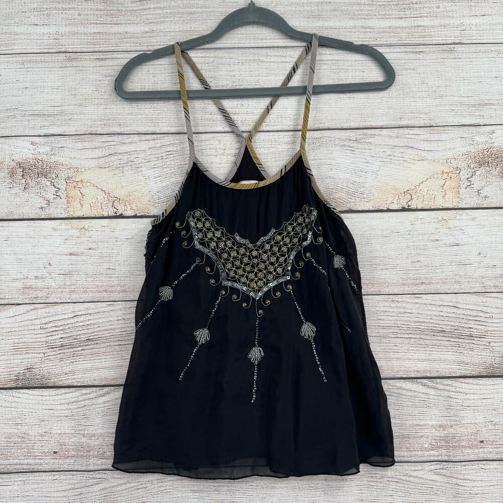 Free People Jeweled Sequined Tank Top Womens 6 Black Gray Racerback